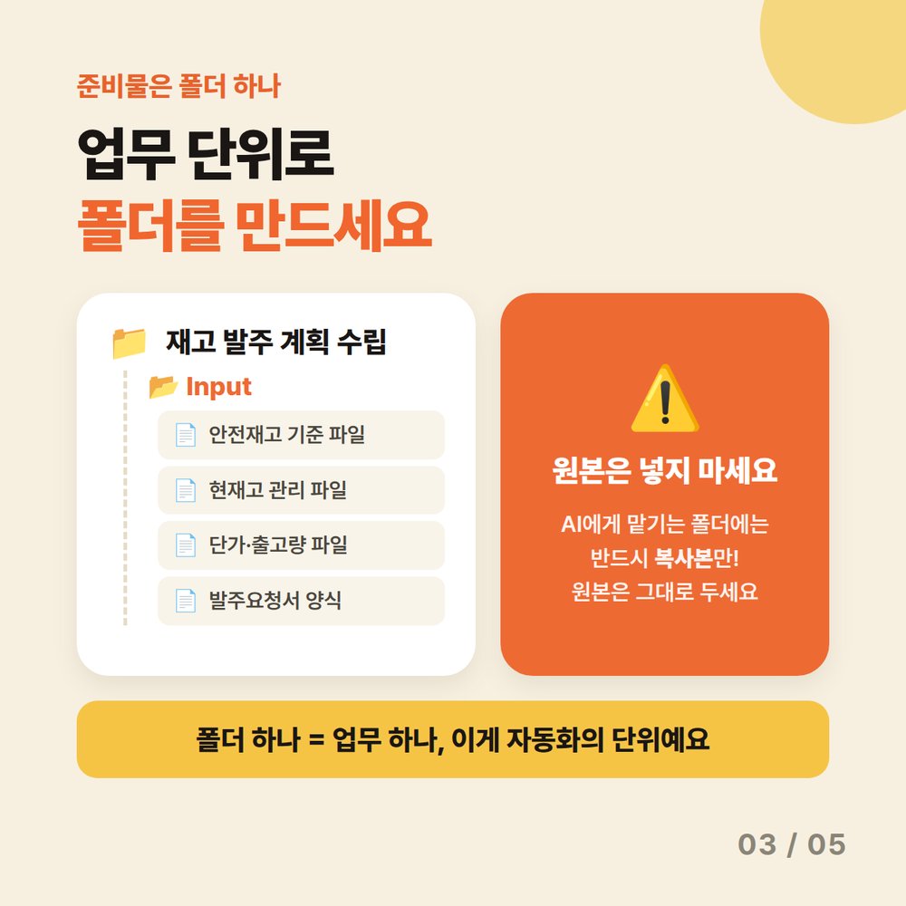 카드 3 — 업무 단위로 폴더를 만드세요. 재고 발주 계획 수립 폴더에 Input 파일을 넣되 원본이 아닌 복사본만 넣기