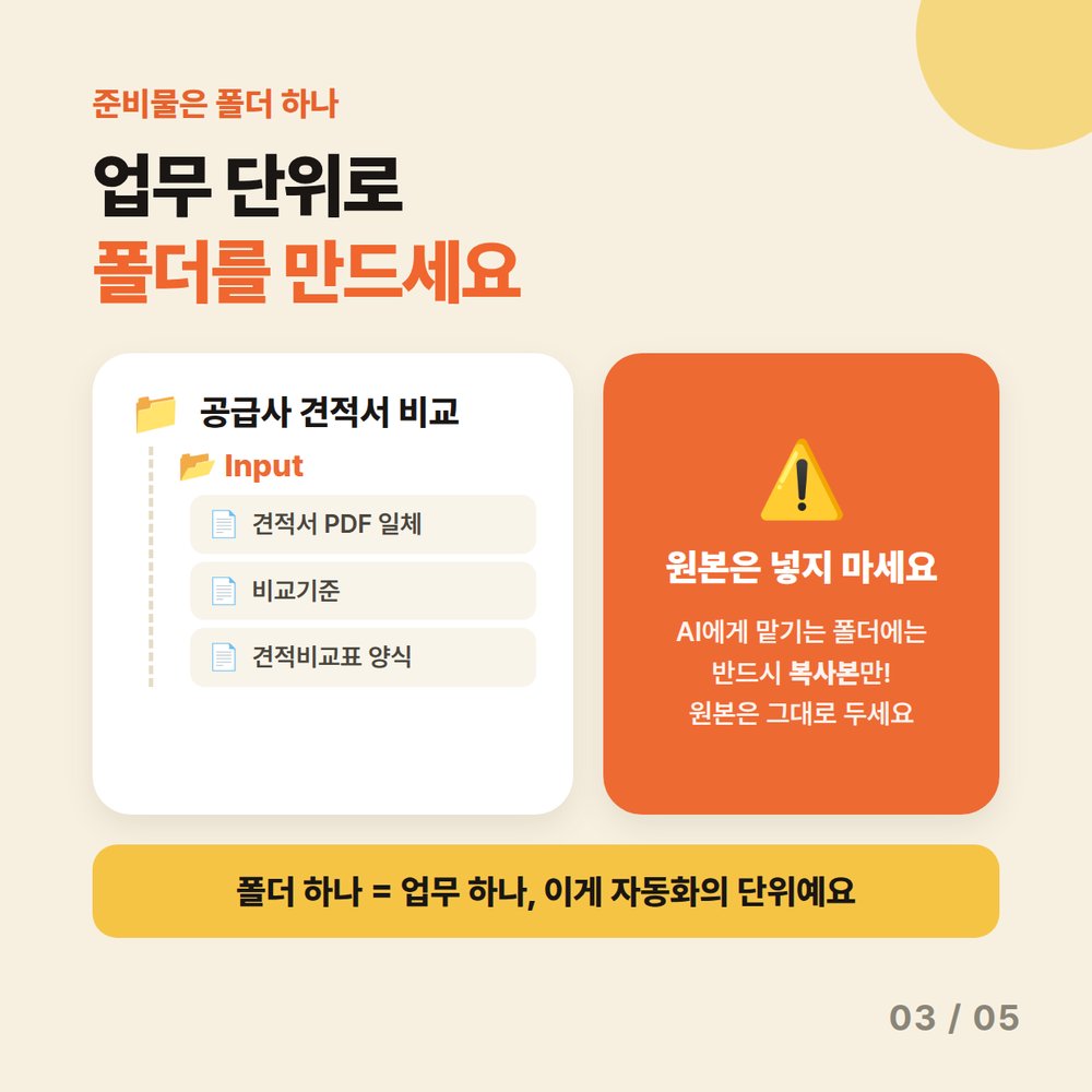 카드 3 — 업무 단위로 폴더를 만드세요. 공급사 견적서 비교 폴더에 Input 파일을 넣되 원본이 아닌 복사본만 넣기