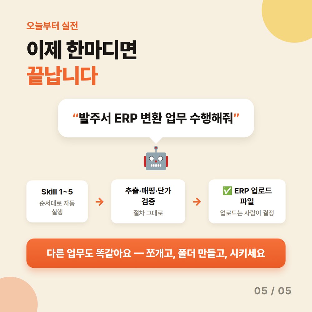 카드 5 — 발주서 ERP 변환 업무 수행해줘 한마디면 Skill 1~5가 순서대로 자동 실행돼 ERP 업로드 파일 완성, 업로드는 사람이 결정