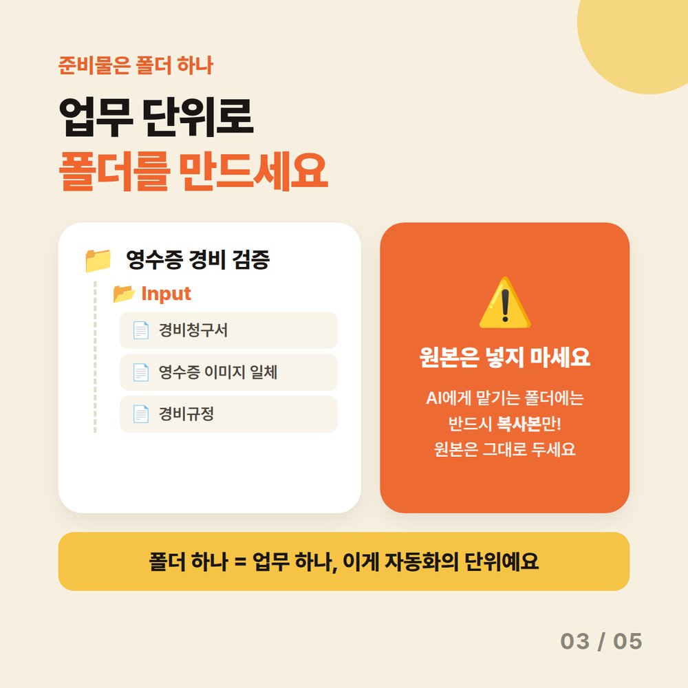 카드 3 — 업무 단위로 폴더를 만드세요. 영수증 경비 검증 폴더에 Input 파일을 넣되 원본이 아닌 복사본만 넣기