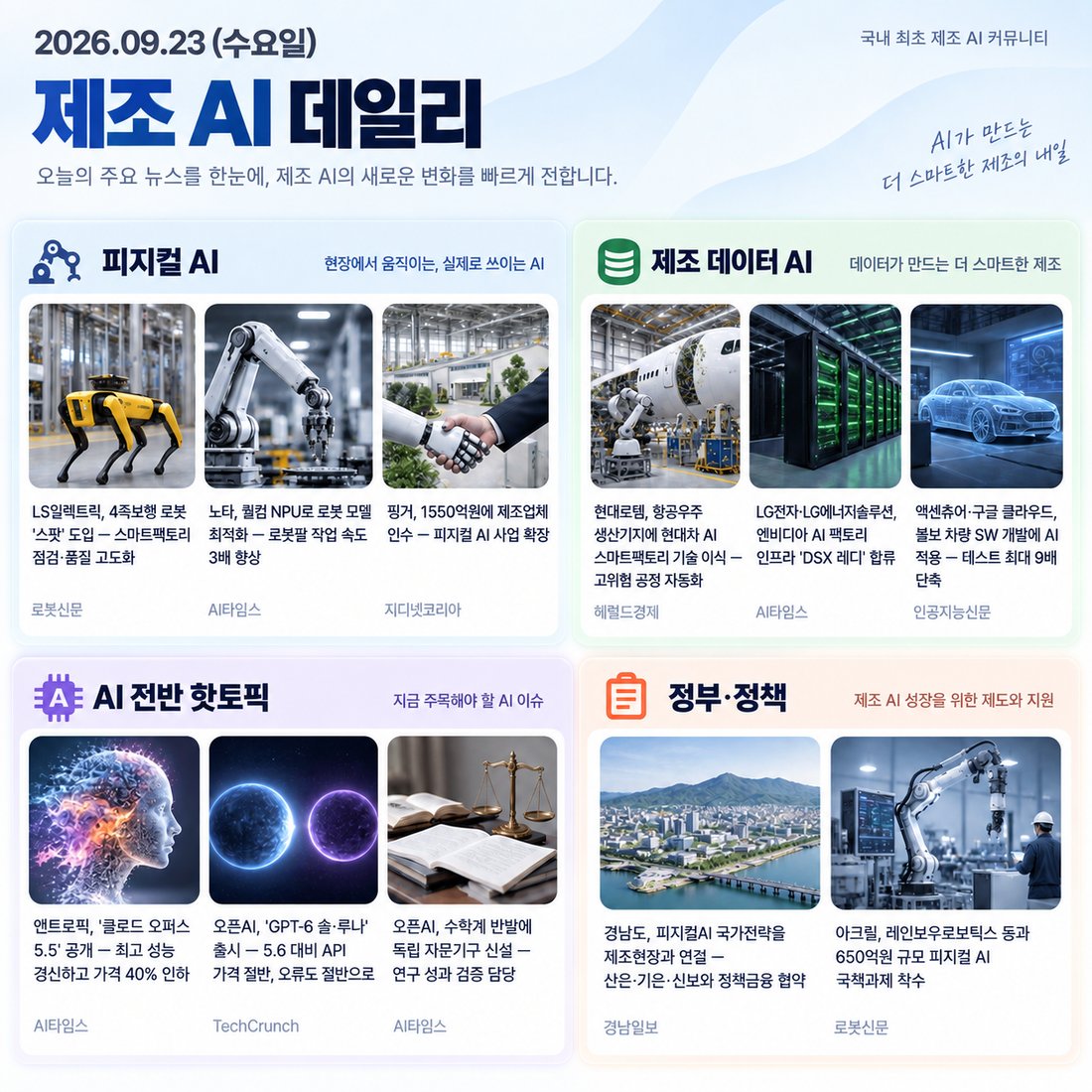 2026.09.23 피지컬 AI 뉴스 — LS일렉트릭 4족보행 로봇 '스팟' 도입 스마트팩토리 점검·품질 고도화, 현대로템 항공우주 생산기지에 현대차 AI 스마트팩토리 기술 이식, 경남도 피지컬AI 국가전략 제조현장 연결 산은·기은·신보와 정책금융 협약 등